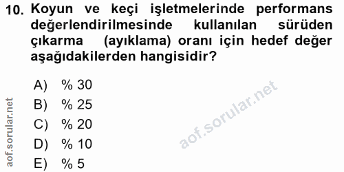 10. soru: Koyun ve keçi işletmelerinde performans değerlendirilmesinde kullanılan sürüden çıkarma (ayıklama) oranı için hedef d…