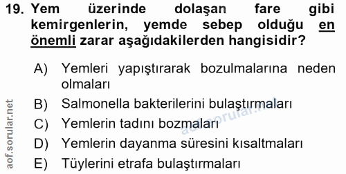 19. soru: Yem üzerinde dolaşan fare gibi kemirgenlerin, yemde sebep olduğu en önemli zarar aşağıdakilerden hangisidir? A) Yemle…