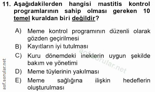 11. soru: Aşağıdakilerden hangisi mastitis kontrol programlarınin sahip olması gereken 10 temel kuraldan biri değildir? A) Meme…
