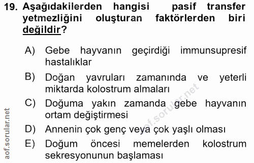 19. soru: Aşağıdakilerden hangisi pasif transfer yetmezliğini oluşturan faktörlerden biri değildir? A) Gebe hayvanın geçirdiğı…