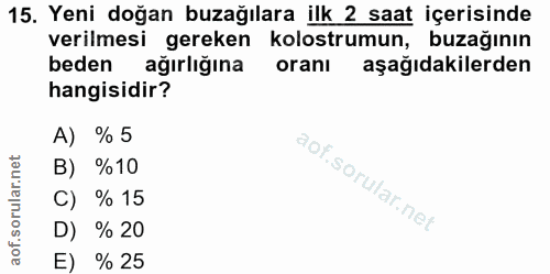 15. soru: Yeni doğan buzağılara ilk 2 saat içerisinde verilmesi gereken kolostrumun, buzağının beden ağırlığına oranı aşağıdaki…