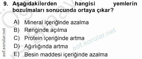 9. soru: Aşağıdakilerden hangisi yemlerin bozulmaları sonucunda ortaya çıkar? A) Mineral içeriğinde azalma B) Renginde açılma…
