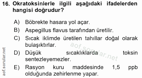 16. soru: Okratoksinlerle ilgili aşağıdaki ifadelerden hangisi doğrudur? A) Böbrekte hasara yol açar. B) Aspegillus flavus tara…
