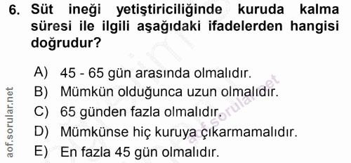 6. soru: Süt ineği yetiştiriciliğinde kuruda kalma süresi ile ilgili aşağıdaki ifadelerden hangisi doğrudur? A) 45 - 65 gün ar…