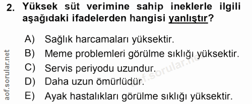 2. soru: Yüksek süt verimine sahip ineklerle ilgili aşağıdaki ifadelerden hangisi yanlıştır? A) Sağlık harcamaları yüksektir.…