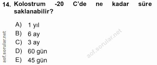 14. soru: Kolostrum -20 C'de ne kadar süre saklanabilir? A) 1 yıl B) 6 ay C) 3 ay D) 60 gün E) 45 gün
