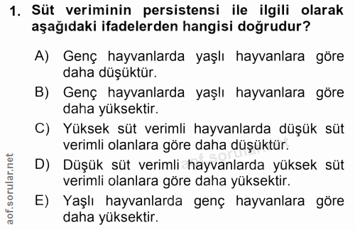 1. soru: Süt veriminin persistensi ile ilgili olarak aşağıdaki ifadelerden hangisi doğrudur? A) Genç hayvanlarda yaşlı hayvanl…