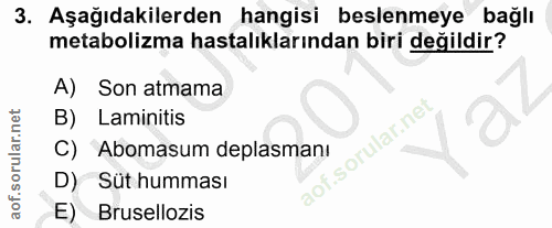 3. soru: Aşağıdakilerden hangisi beslenmeye bağlı metabolizma hastalıklarından biri değildir? A) Son atmama B) Laminitis f. C)…