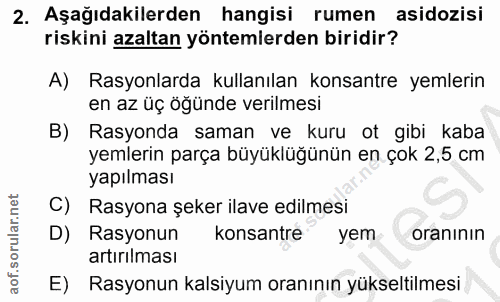 2. soru: Aşağıdakilerden hangisi rumen asidozisi riskini azaltan yöntemlerden biridir? A) Rasyonlarda kullanılan konsantre yem…