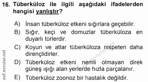 16. soru: Tüberküloz ile ilgili aşağıdaki ifadelerden hangisi yanlıştır? A) Insan tüberküloz etkeni sığırlara geçebilir. B) Sığ…