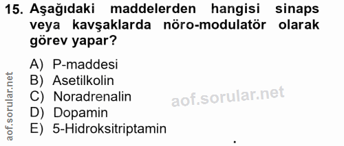 15. soru: Aşağıdaki maddelerden hangisi sinaps veya kavşaklarda nöro-modulatör olarak görev yapar? A) P-maddesi B) Asetilkolin…