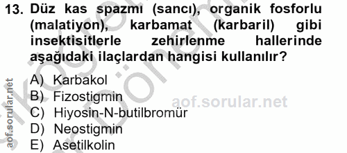 13. soru: Düz kas spazmı (sancı), organik fosforlu (malatiyon), karbamat (karbaril) gibi insektisitlerle zehirlenme hallerinde…