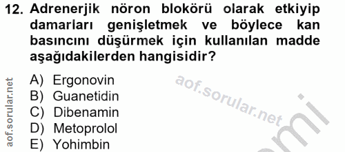 12. soru: Adrenerjik nöron blokörü olarak etkiyip damarları genişletmek ve böylece kan basıncını düşürmek için kullanılan madde…