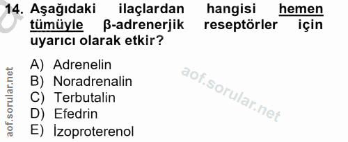 14. soru: Aşağıdaki ilaçlardan hangisi hemen tümüyle B-adrenerjik reseptörler için uyarıcı olarak etkir? A) Adrenelin B) Noradr…