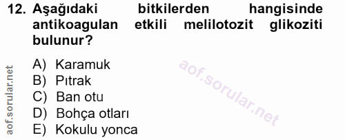 12. soru: Aşağıdaki bitkilerden hangisinde antikoagulan etkili melilotozit glikoziti bulunur? A) Karamuk B) Pıtrak C) Ban otu D…