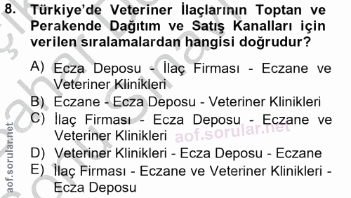 8. soru: Türkiye'de Veteriner İlaçlarının Toptan ve Perakende Dağıtım ve Satış Kanalları için verilen sıralamalardan hangisi d…