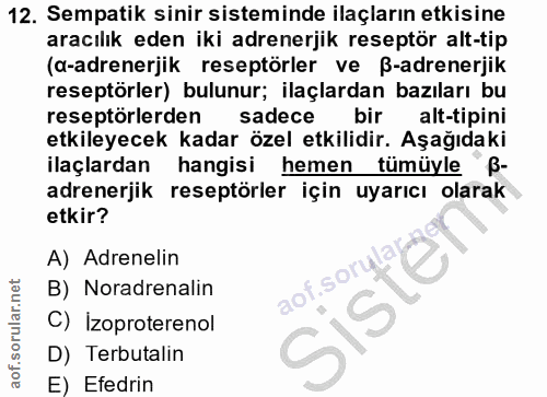 12. soru: Sempatik sinir sisteminde ilaçların etkisine aracılık eden iki adrenerjik reseptör alt-tip (a-adrenerjik reseptörler…
