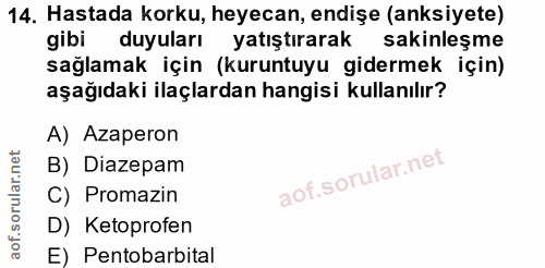 14. soru: Hastada korku, heyecan, endişe (anksiyete) gibi duyuları yatıştırarak sakinleşme sağlamak için (kuruntuyu gidermek iç…
