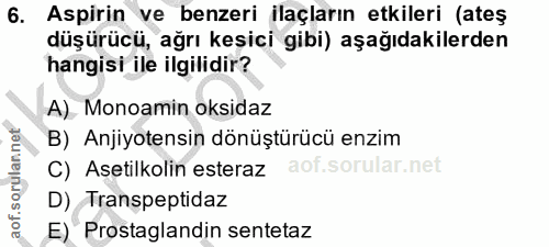 6. soru: Aspirin ve benzeri ilaçların etkileri (ateş düşürücü, ağrı kesici gibi) aşağıdakilerden hangisi ile ilgilidir? A) Mon…