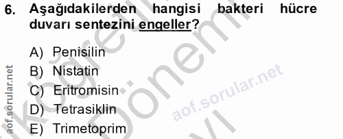 6. soru: Aşağıdakilerden hangisi bakteri hücre duvarı sentezini engeller? A) Penisilin B) Nistatin one C) Eritromisin - D) Tet…