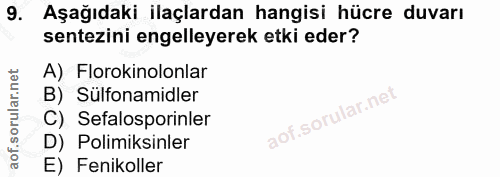 9. soru: Aşağıdaki ilaçlardan hangisi hücre duvarı sentezini engelleyerek etki eder? A) Florokinolonlar B) Sülfonamidler C) Se…
