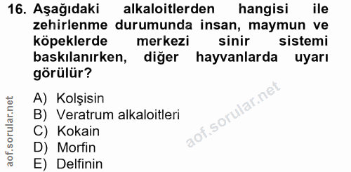 16. soru: Aşağıdaki alkaloitlerden hangisi ile zehirlenme durumunda insan, maymun ve köpeklerde merkezi sinir sistemi baskılanı…
