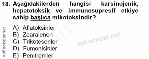18. soru: Aşağıdakilerden hangisi karsinojenik, hepatotoksik ve immunosupresif etkiye sahip başlıca mikotoksindir? A) Aflatoksi…