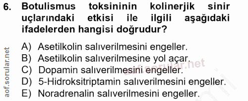 6. soru: Botulismus toksininin kolinerjik sinir uçlarındaki etkisi ile ilgili aşağıdaki ifadelerden hangisi doğrudur? A) Aseti…