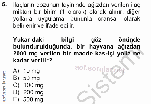 5. soru: Ilaçların dozunun tayininde ağızdan verilen ilaç miktarı bir birim (1 olarak) olarak alınır; diğer yollarla uygulama…