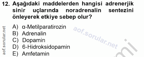 12. soru: Aşağıdaki maddelerden hangisi adrenerjik sinir uçlarında noradrenalin sentezini önleyerek etkiye sebep olur? A) a-Met…
