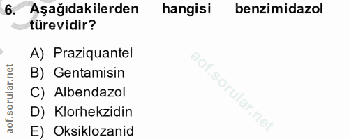 6. soru: Aşağıdakilerden hangisi benzimidazol türevidir? A) Praziquantel B) Gentamisin C) Albendazol D) Klorhekzidin E) Oksikl…