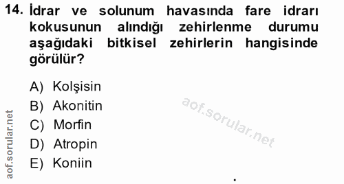 14. soru: Idrar ve solunum havasında fare idrarı kokusunun alındığı zehirlenme durumu aşağıdaki bitkisel zehirlerin hangisinde…