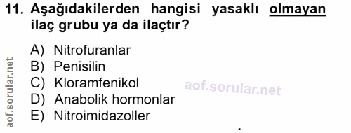 11. soru: Aşağıdakilerden hangisi yasaklı olmayan ilaç grubu ya da ilaçtır? A) Nitrofuranlar B) Penisilin C) Kloramfenikol D) A…