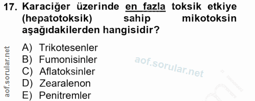 17. soru: Karaciğer üzerinde en fazla toksik etkiye (hepatotoksik) sahip mikotoksin aşağıdakilerden hangisidir? A) Trikotesenle…