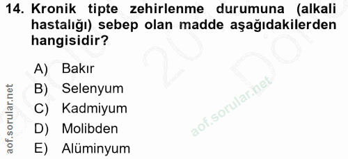 14. soru: Kronik tipte zehirlenme durumuna (alkali hastalığı) sebep olan madde aşağıdakilerden hangisidir? A) Bakır B) Selenyum…