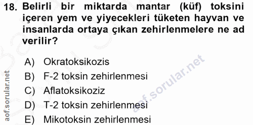 18. soru: Belirli bir miktarda mantar (küf) toksini içeren yem ve yiyecekleri tüketen hayvan ve insanlarda ortaya çıkan zehirle…