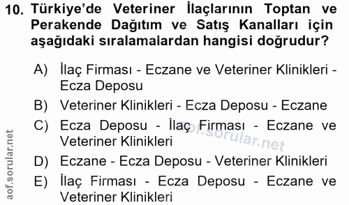 10. soru: Türkiye'de Veteriner İlaçlarının Toptan ve Perakende Dağıtım ve Satış Kanalları için aşağıdaki sıralamalardan hangisi…