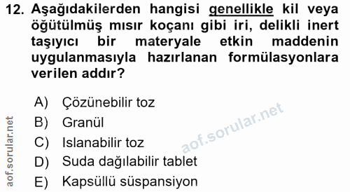 12. soru: Aşağıdakilerden hangisi genellikle kil veya öğütülmüş mısır koçanı gibi iri, delikli inert taşıyıcı bir materyale etk…