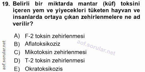 19. soru: Belirli bir miktarda mantar (küf) toksini içeren yem ve yiyecekleri tüketen hayvan ve insanlarda ortaya çıkan zehirle…
