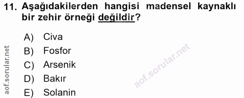 11. soru: Aşağıdakilerden hangisi madensel kaynaklı bir zehir örneği değildir? A) Civa B) Fosfor C) Arsenik D) Bakır E) Solanin