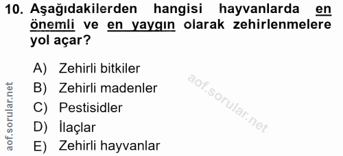 10. soru: Aşağıdakilerden hangisi hayvanlarda en önemli ve en yayaın olarak zehirlenmelere yol açar? A) Zehirli bitkiler B) Zeh…