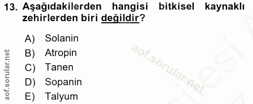 13. soru: Aşağıdakilerden hangisi bitkisel kaynaklı zehirlerden biri değildir? A) Solanin B) Atropin C) Tanen D) Sopanin E) Talyum