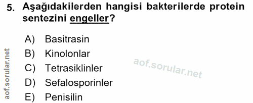 5. soru: Aşağıdakilerden hangisi bakterilerde protein sentezini engeller? A) Basitrasin rular.n B) Kinolonlar C) Tetrasiklinle…