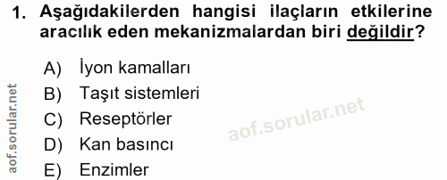 1. soru: Aşağıdakilerden hangisi ilaçların etkilerine aracılık eden mekanizmalardan biri değildir? A) lyon kamalları B) Taşıt…