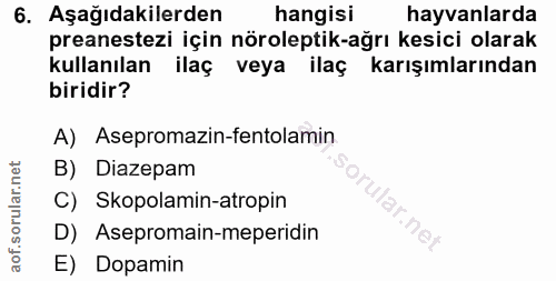 6. soru: Aşağıdakilerden hangisi hayvanlarda preanestezi için nöroleptik-ağrı kesici olarak kullanılan ilaç veya ilaç karışıml…