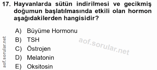 17. soru: Hayvanlarda sütün indirilmesi ve gecikmiş doğumun başlatılmasında etkili olan hormon aşağıdakilerden hangisidir? A) B…