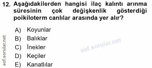 12. soru: Aşağıdakilerden hangisi ilaç kalıntı arınma süresinin çok değişkenlik gösterdiği poikiloterm canlılar arasında yer al…