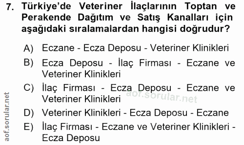 7. soru: Türkiye'de Veteriner İlaçlarının Toptan ve Perakende Dağıtım ve Satış Kanalları için aşağıdaki sıralamalardan hangisi…