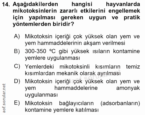 14. soru: Aşağıdakilerden hangisi hayvanlarda mikotoksinlerin zararlı etkilerini engellemek için yapılması gereken uygun ve pra…
