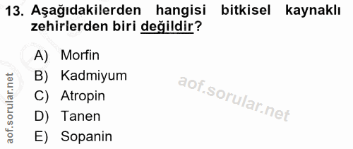 13. soru: Aşağıdakilerden hangisi bitkisel kaynaklı zehirlerden biri değildir? A) Morfin B) Kadmiyum C) Atropin D) Tanen E) Sop…